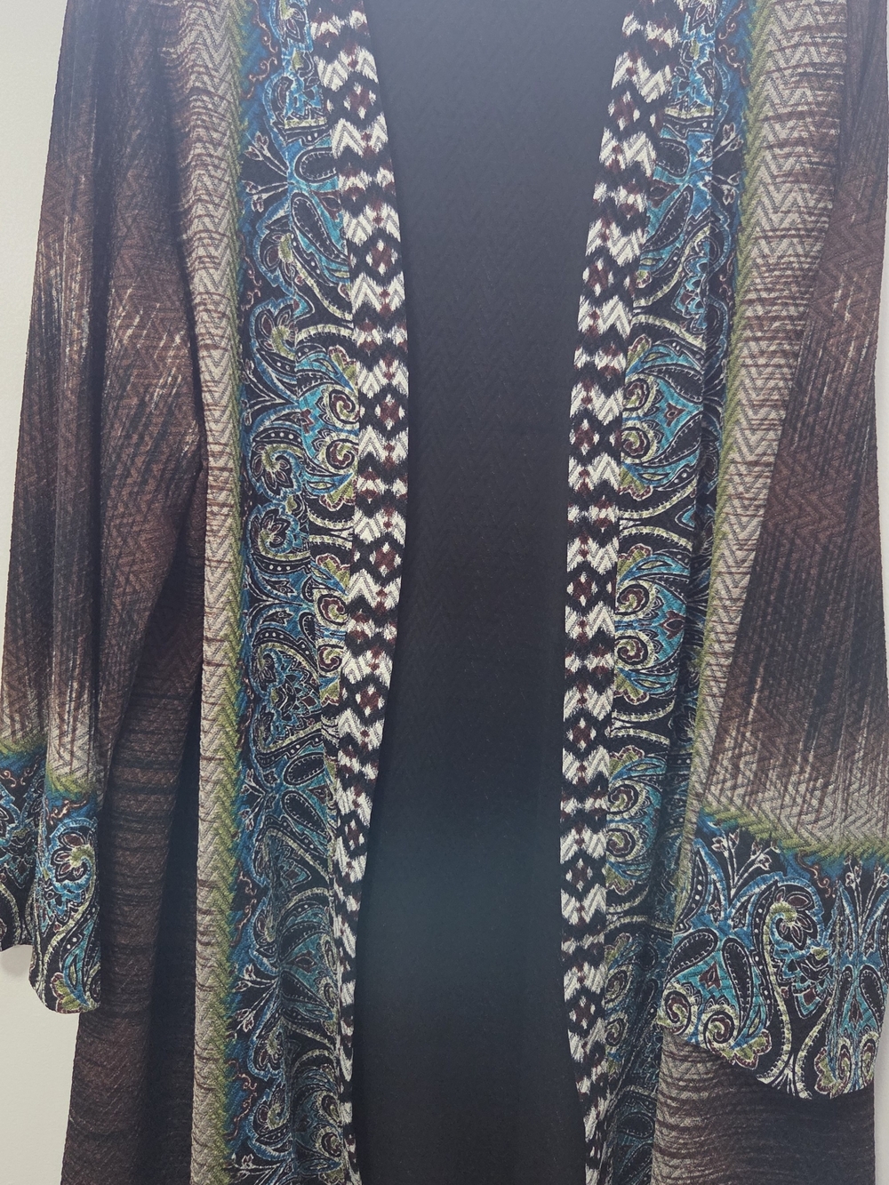 Susan Graver Brown Cardigan with Teal Paisley Trim